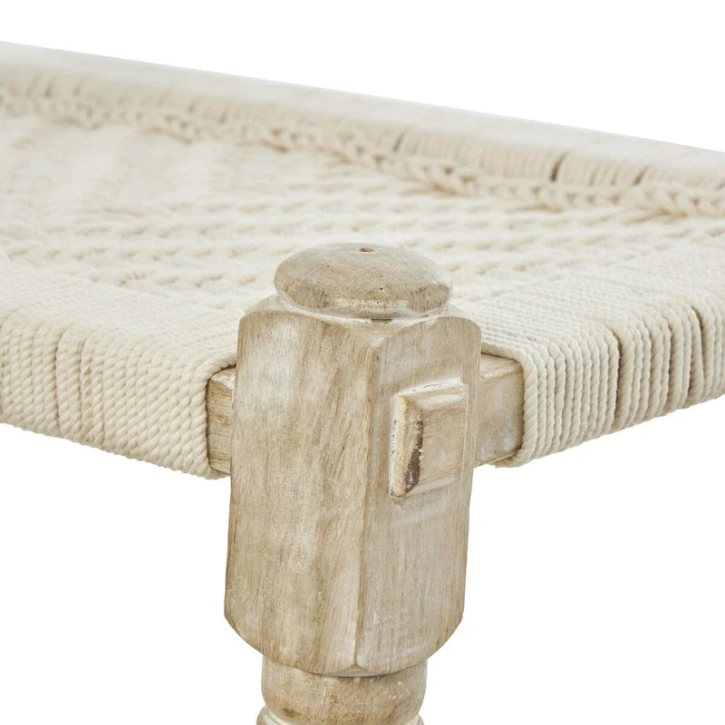 Beige Chevron Woven Bench with Mango Wood Legs – 2-Seat