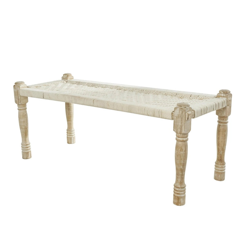 Beige Chevron Woven Bench with Mango Wood Legs – 2-Seat