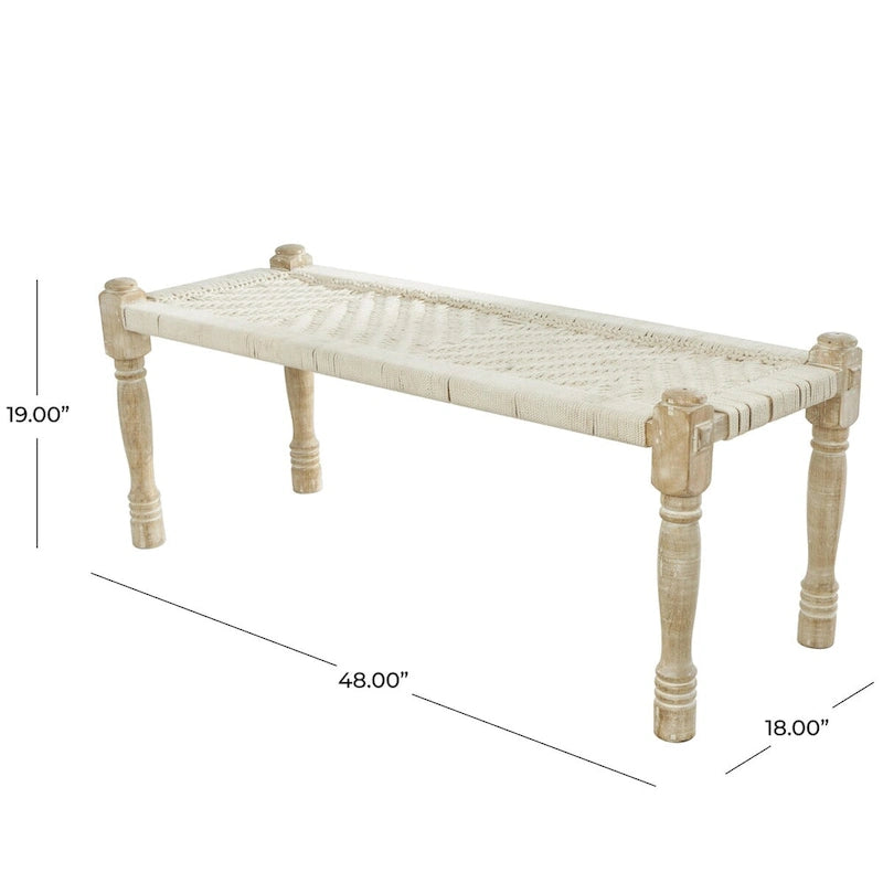 Beige Chevron Woven Bench with Mango Wood Legs – 2-Seat