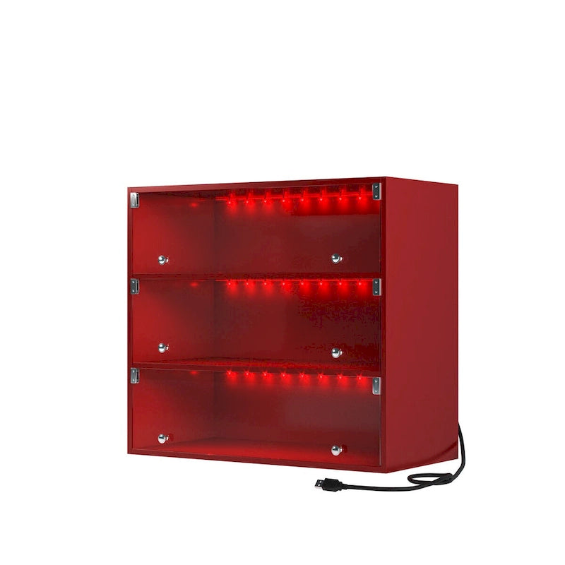 Red LED Light Shoe Box Three Layers With Glass Doors, Expertly Made of Wood